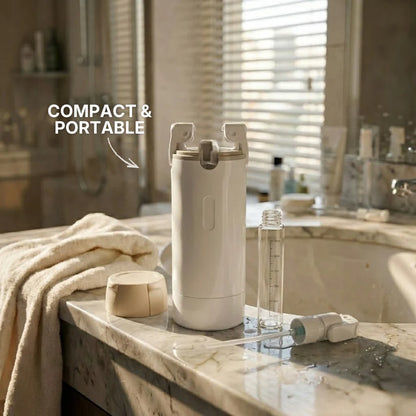 PrimeDad RoamReady Bottles 4-in-1 dispenser with multiple compartments for liquids, snacks, and utensils, shown in a compact, portable design.