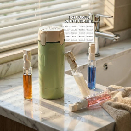 PrimeDad RoamReady Bottles 4-in-1 dispenser with multiple compartments for liquids and snacks, portable travel bottle.